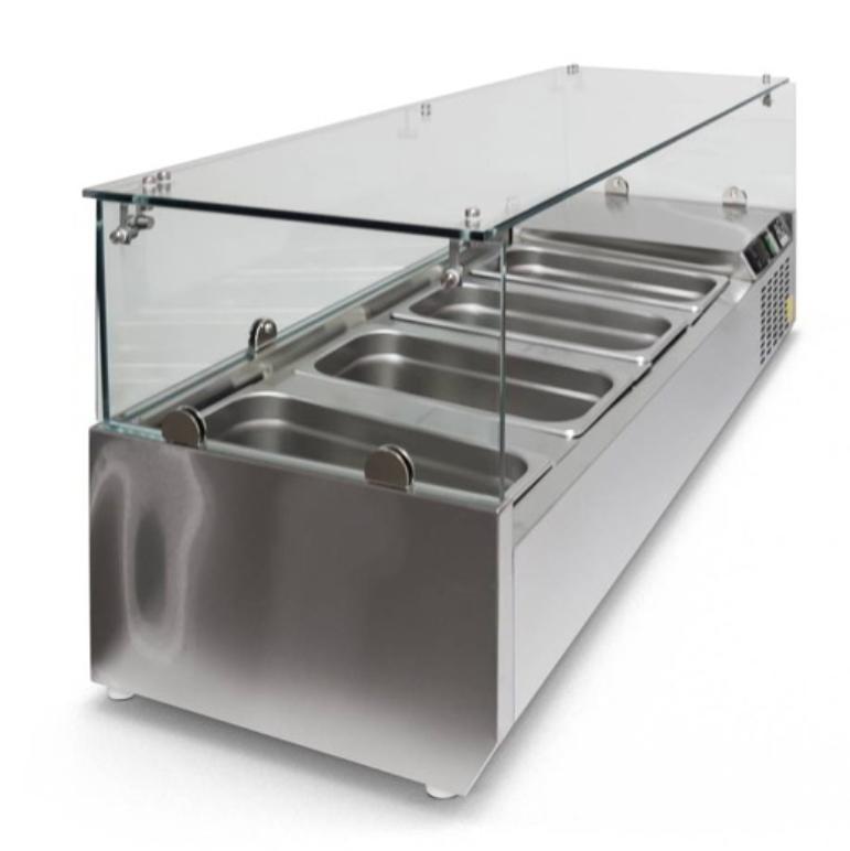 Salad bar or cold items bin marrie display with curve tempered glass with sliding glass doors with base 2 or 3 doors chiller with or without casters wheels