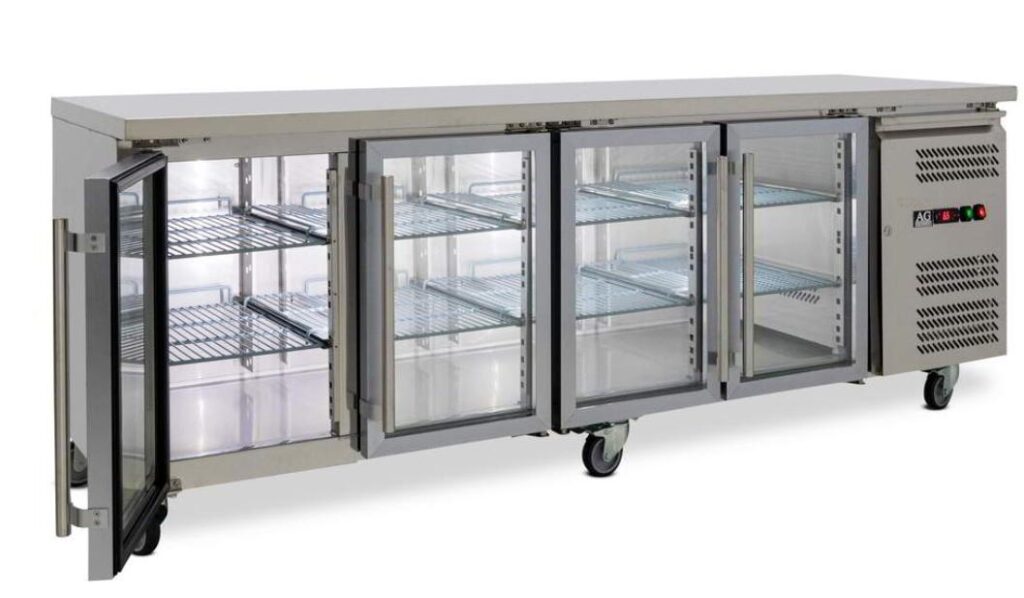 Stainless steel solid body 4 glass doors work top chillers with or without wheels high quality.